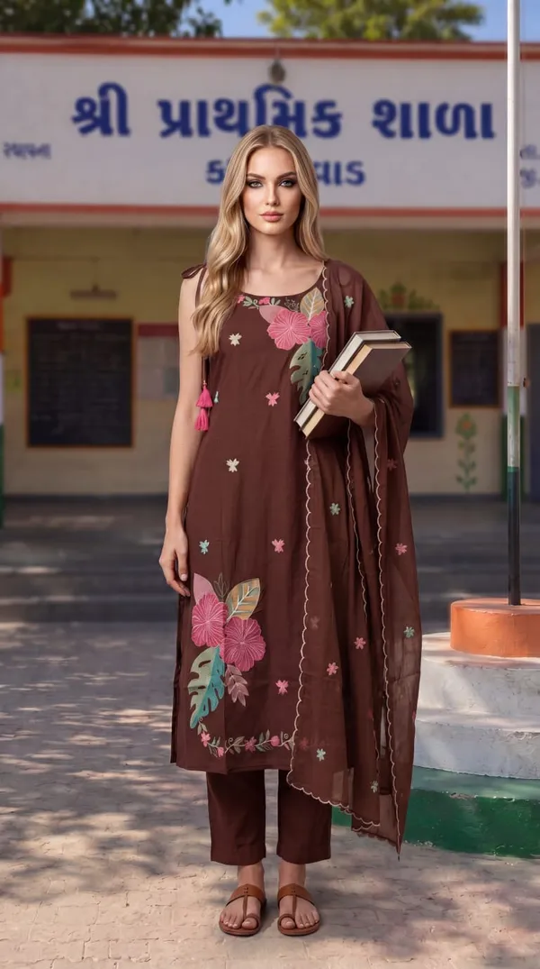 Brown_Floral_Print_Kurta_Set_for_Women