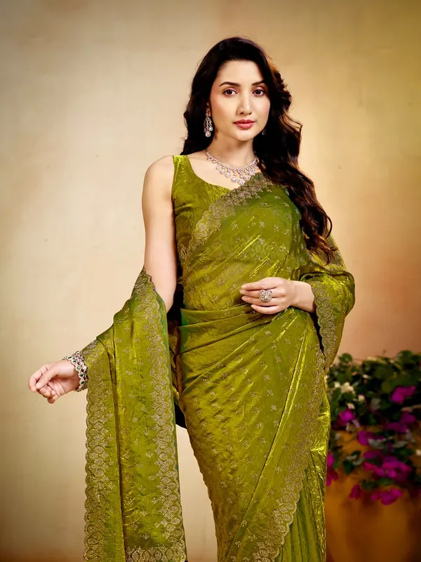 Olive_Green_Woven_Gold_Scalloped_Border_Saree_For_Women