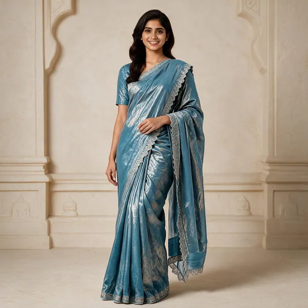 Blue_Textured_Silver_Scalloped_Border_Saree_For_Women