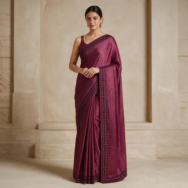 Wine_Printed_Border_Saree_For_Women