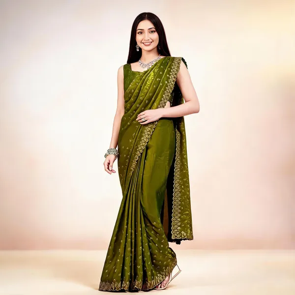 Olive_Green_Woven_Gold_Scalloped_Border_Saree_For_Women