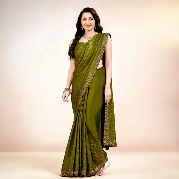 Olive_Green_Woven_Gold_Scalloped_Border_Saree_For_Women