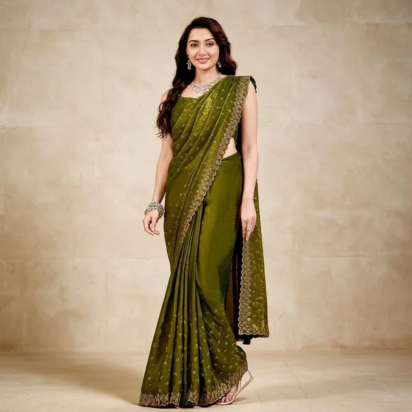 Olive_Green_Woven_Gold_Scalloped_Border_Saree_For_Women