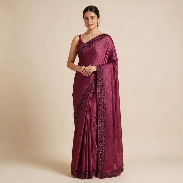 Wine_Printed_Border_Saree_For_Women
