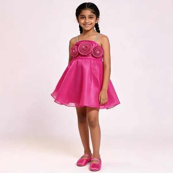 Pink_Satin_Rosette_Embellished_Party_Dress_Set_For_Girls