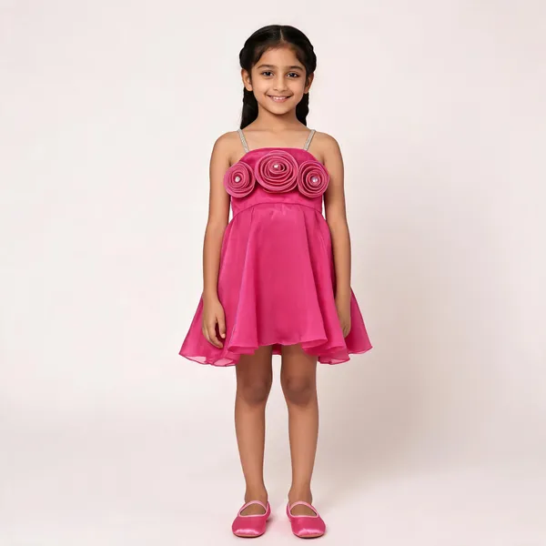 Pink_Satin_Rosette_Embellished_Party_Dress_Set_For_Girls