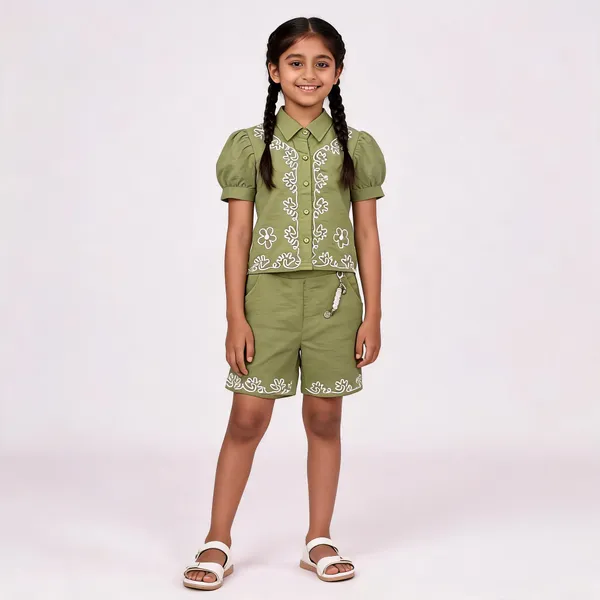 Green_Cotton_Embroidered_Shirt_And_Shorts_Set_For_Girls