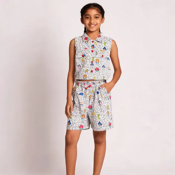 Multicolour_Cotton_Printed_Sleeveless_Top_And_Shorts_Set_For_Girls