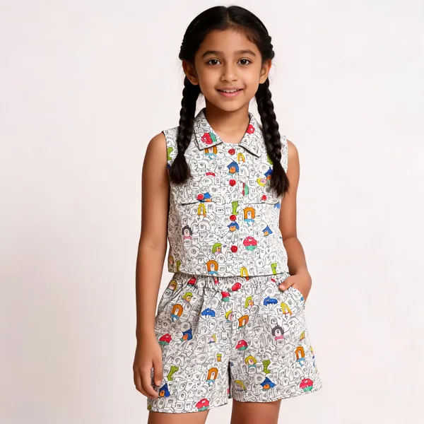 Multicolour_Cotton_Printed_Sleeveless_Top_And_Shorts_Set_For_Girls