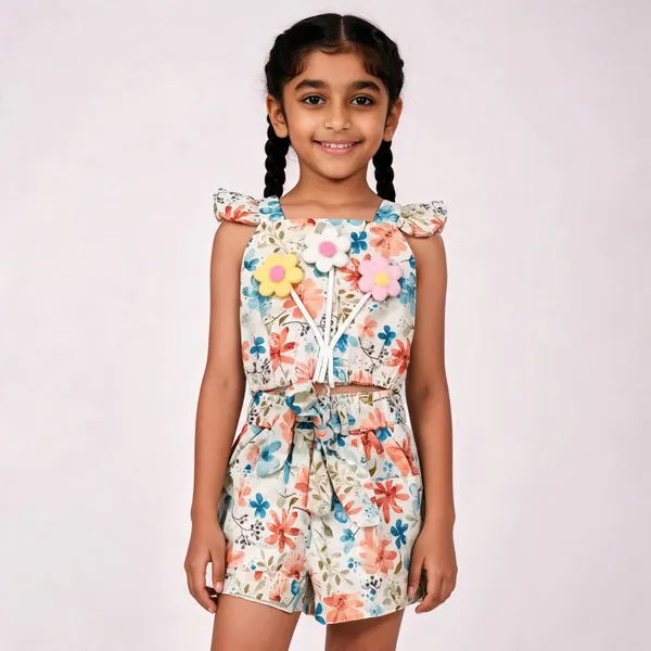 Multicolour_Cotton_Floral_Print_Sleeveless_Romper_Set_For_Girls