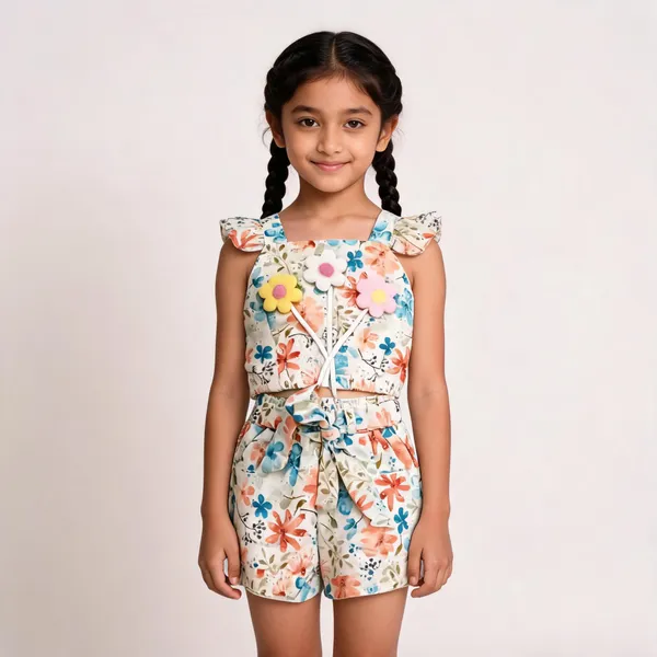 Multicolour_Cotton_Floral_Print_Sleeveless_Romper_Set_For_Girls