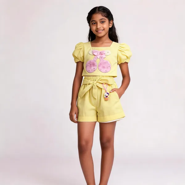 Yellow_Cotton_Puff_Sleeve_Top_And_Shorts_Set_For_Girls