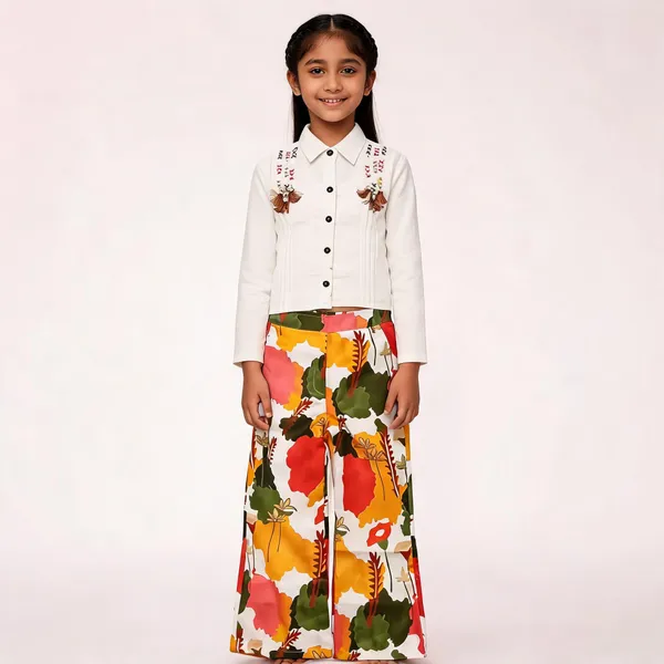 White_Cotton_Floral_Print_Shirt_And_Trousers_Set_For_Girls