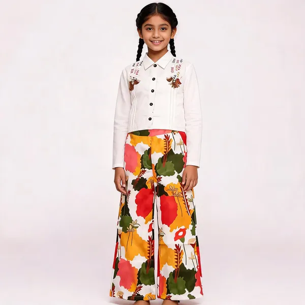 White_Cotton_Floral_Print_Shirt_And_Trousers_Set_For_Girls