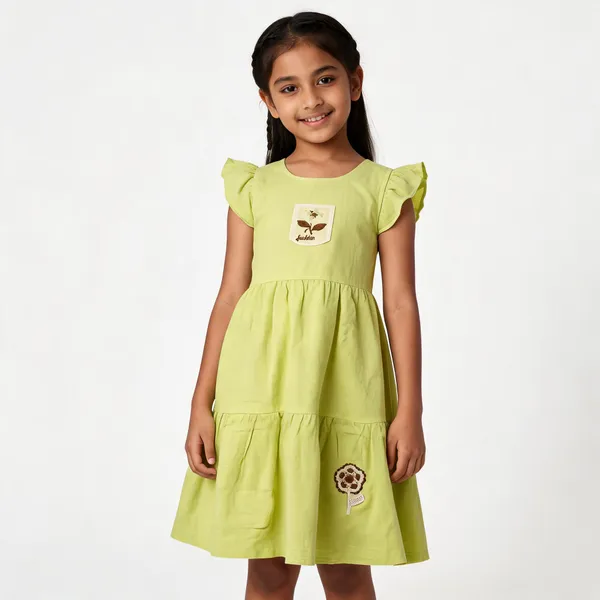 Lime_Green_Cotton_Flutter_Sleeve_Gathered_Dress_For_Girls