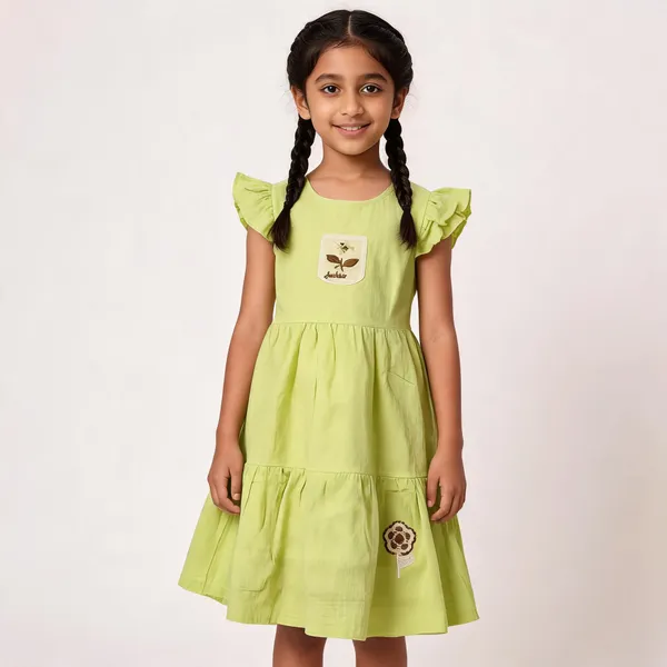 Lime_Green_Cotton_Flutter_Sleeve_Gathered_Dress_For_Girls