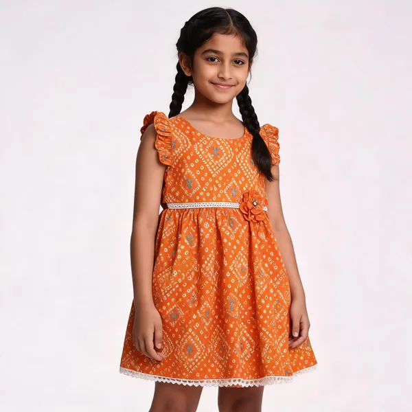 Orange_Cotton_Geometric_Printed_Fit_And_Flare_Dress_For_Girls