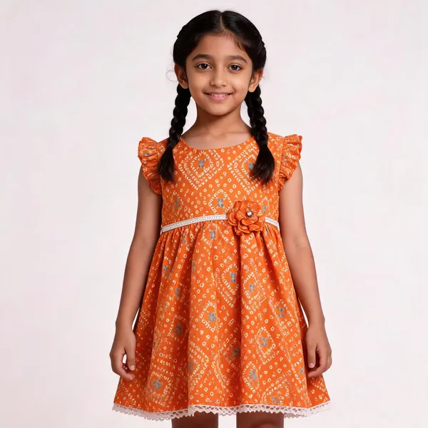 Orange_Cotton_Geometric_Printed_Fit_And_Flare_Dress_For_Girls