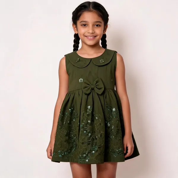 Dark_Green_Cotton_Embroidered_Sleeveless_Frock_For_Girls