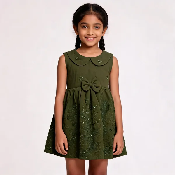 Dark_Green_Cotton_Embroidered_Sleeveless_Frock_For_Girls