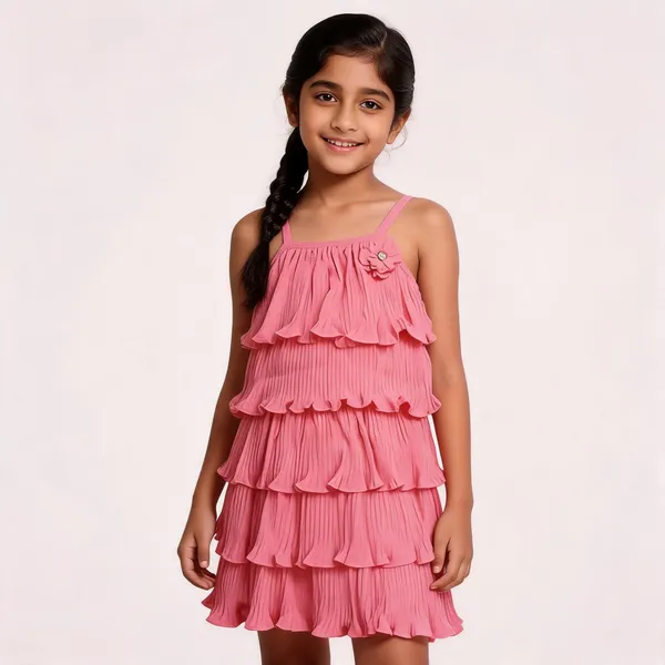 Pink_Cotton_Pleated_Layered_Ruffle_Dress_For_Girls