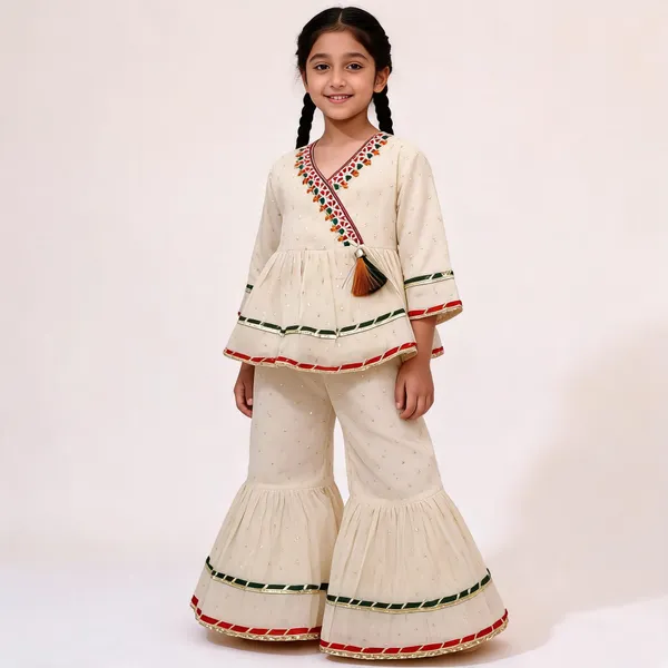 Cream_Cotton_Embellished_Flared_Lehenga_Choli_Set_For_Girls