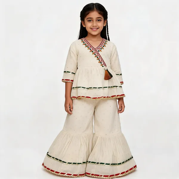 Cream_Cotton_Embellished_Flared_Lehenga_Choli_Set_For_Girls
