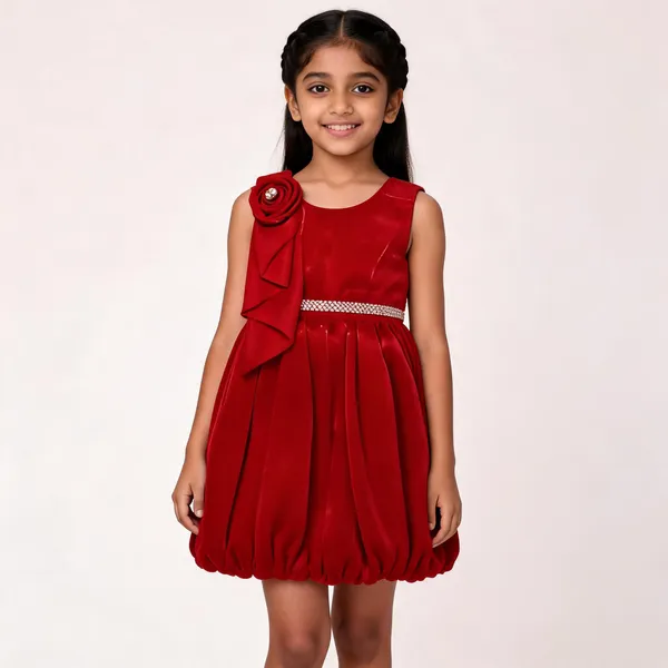 Red_Satin_Sleeveless_Flared_Frock_For_Girls