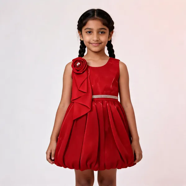 Red_Satin_Sleeveless_Flared_Frock_For_Girls