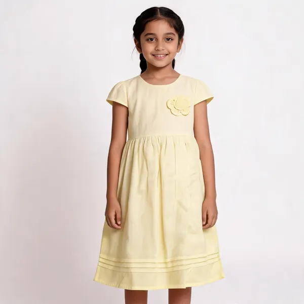 Yellow_Cotton_Short_Sleeve_Flared_Frock_Dress_For_Girls