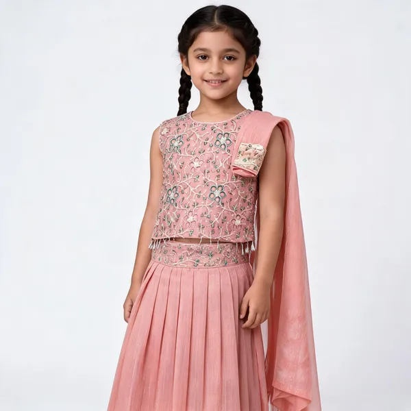 Pink_Cotton_Floral_Embroidered_Sleeveless_Lehenga_Choli_Set_For_Girls
