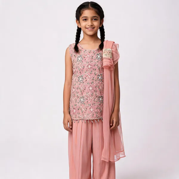 Pink_Cotton_Floral_Embroidered_Sleeveless_Lehenga_Choli_Set_For_Girls