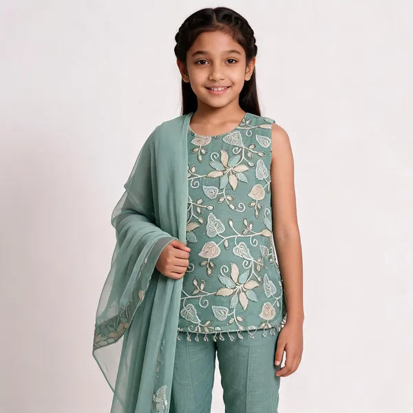 Green_Cotton_Embroidered_Three_Piece_Suit_Set_For_Girls