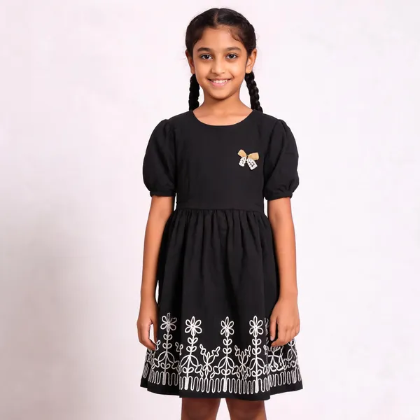 Black_Cotton_Floral_Embroidered_Puff_Sleeve_Dress_For_Girls