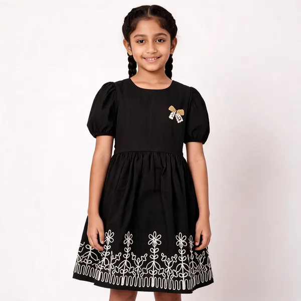 Black_Cotton_Floral_Embroidered_Puff_Sleeve_Dress_For_Girls