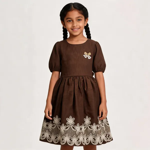 Brown_Cotton_Floral_Embroidered_Fit_And_Flare_Dress_For_Girls