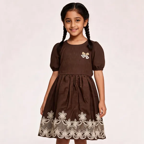 Brown_Cotton_Floral_Embroidered_Fit_And_Flare_Dress_For_Girls