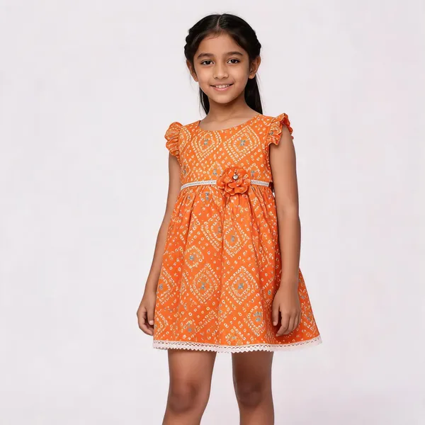 Orange_Cotton_Geometric_Printed_Ruffle_Sleeveless_Frock_For_Girls