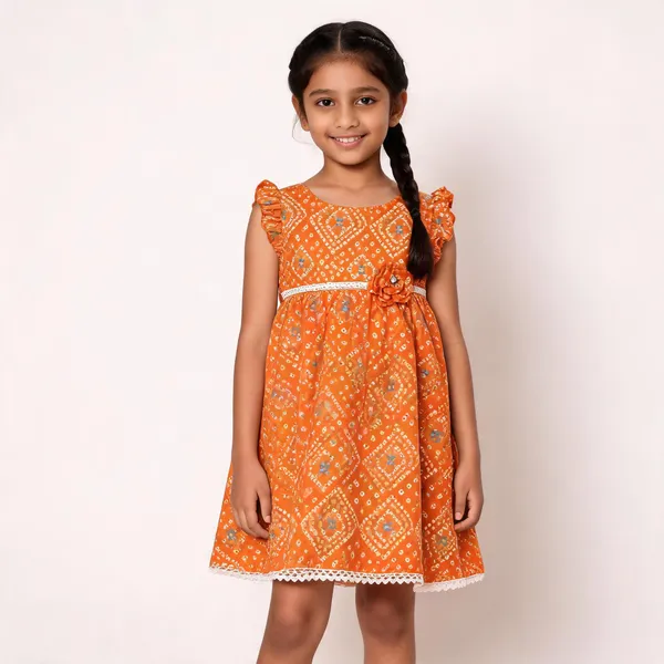 Orange_Cotton_Geometric_Printed_Ruffle_Sleeveless_Frock_For_Girls
