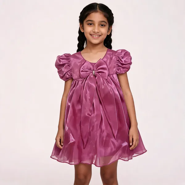 Pink_Satin_Puff_Sleeve_Flared_Party_Dress_For_Girls