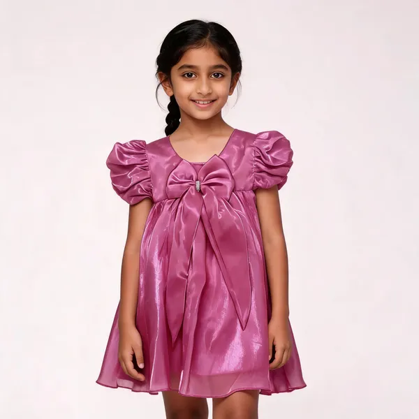 Pink_Satin_Puff_Sleeve_Flared_Party_Dress_For_Girls