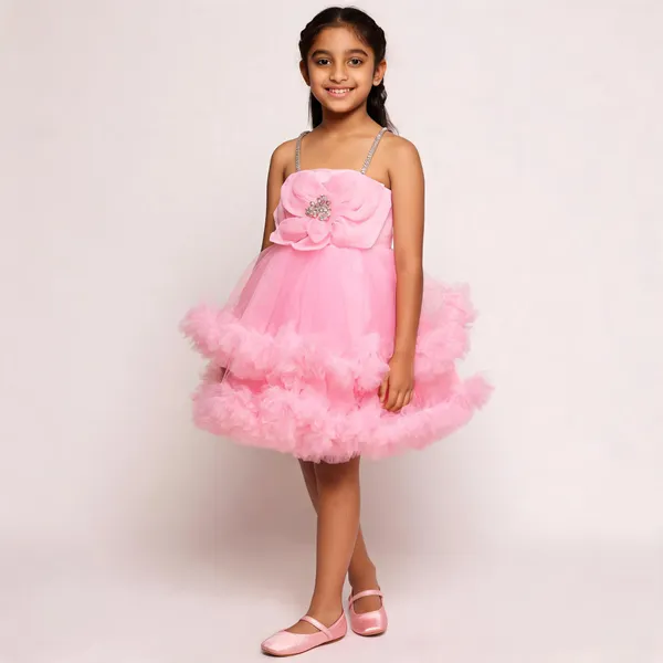 Pink_Tulle_Sleeveless_Layered_Ruffle_Party_Dress_Set_For_Girls