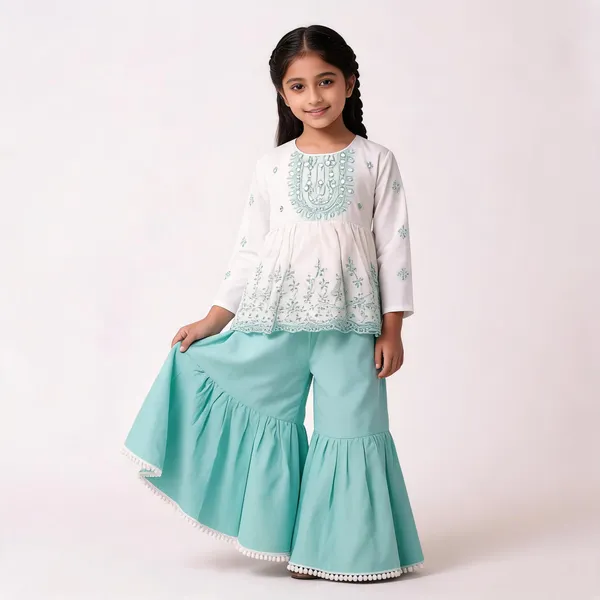White_And_Mint_Green_Cotton_Embroidered_Sharara_Set_For_Girls