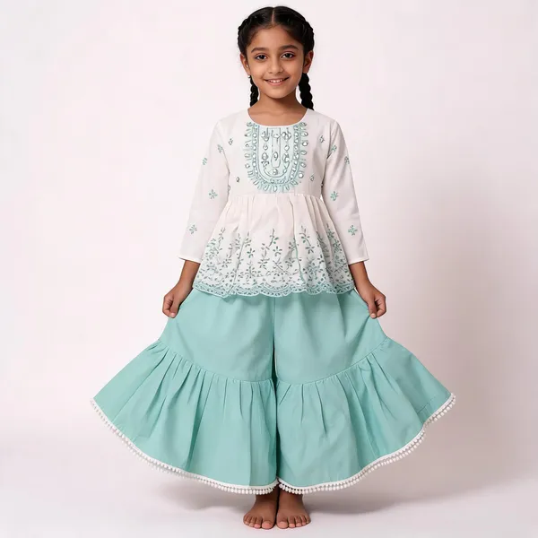 White_And_Mint_Green_Cotton_Embroidered_Sharara_Set_For_Girls