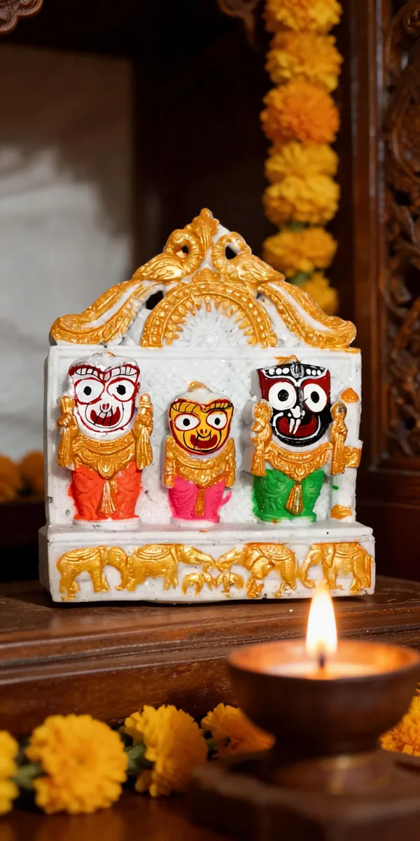 Lord_Jagannath_Trio_Ceramic_Statue_-_Multicolor_Hand_Painted_Balabhadra_Subhadra_Murti_with_Temple_Frame,_Puri_Dham_Deity_for_Home_Temple_Decor
