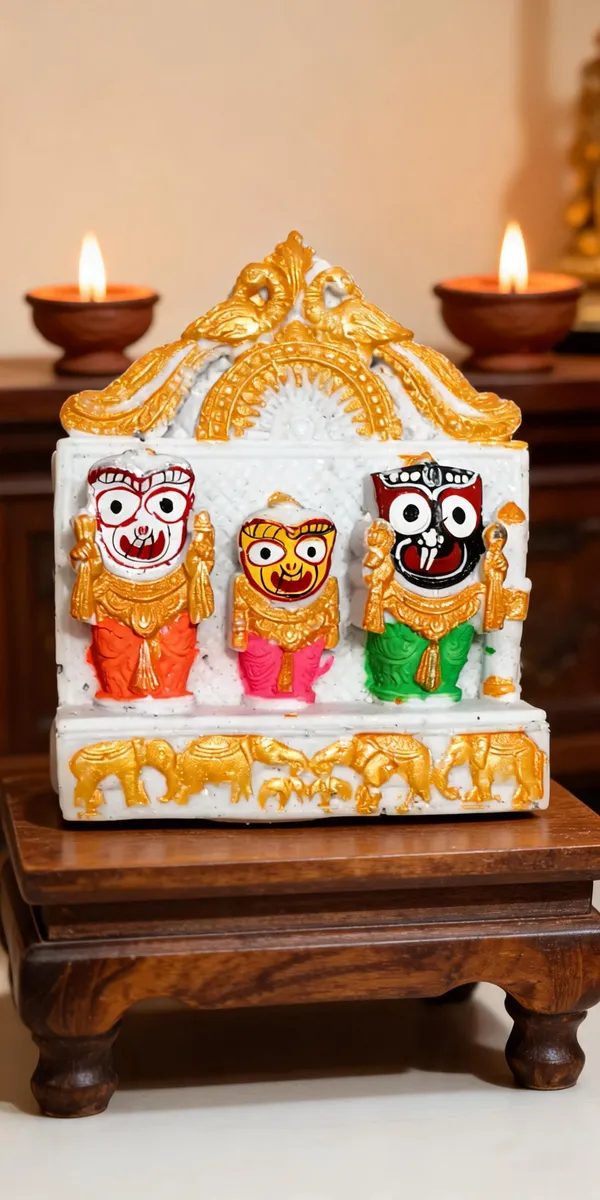 Lord_Jagannath_Trio_Ceramic_Statue_-_Multicolor_Hand_Painted_Balabhadra_Subhadra_Murti_with_Temple_Frame,_Puri_Dham_Deity_for_Home_Temple_Decor