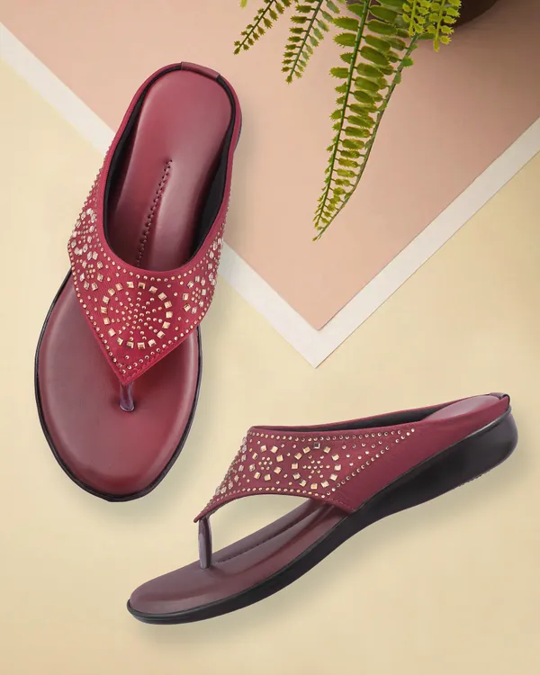 Maroon_Embellished_Flat_Sandals