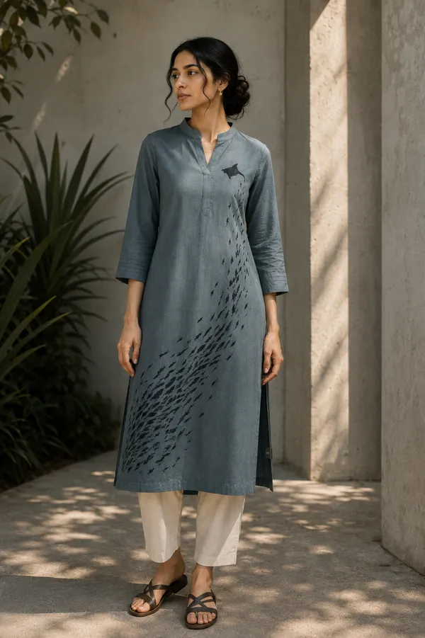 Grey-Blue_Cotton_Kurta_For_Women