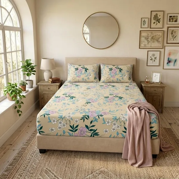Glace_Cotton_Botanical_Beige_Purple_Floral_Fitted_Bedsheet_Set