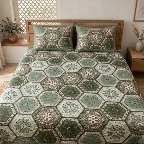 Ethnic_Sage_&_Olive_Hexagonal_Mandala_Bedsheet_Set_–_Ultra-Soft_Cotton_Blend_Bedding_with_Pillow_Shams